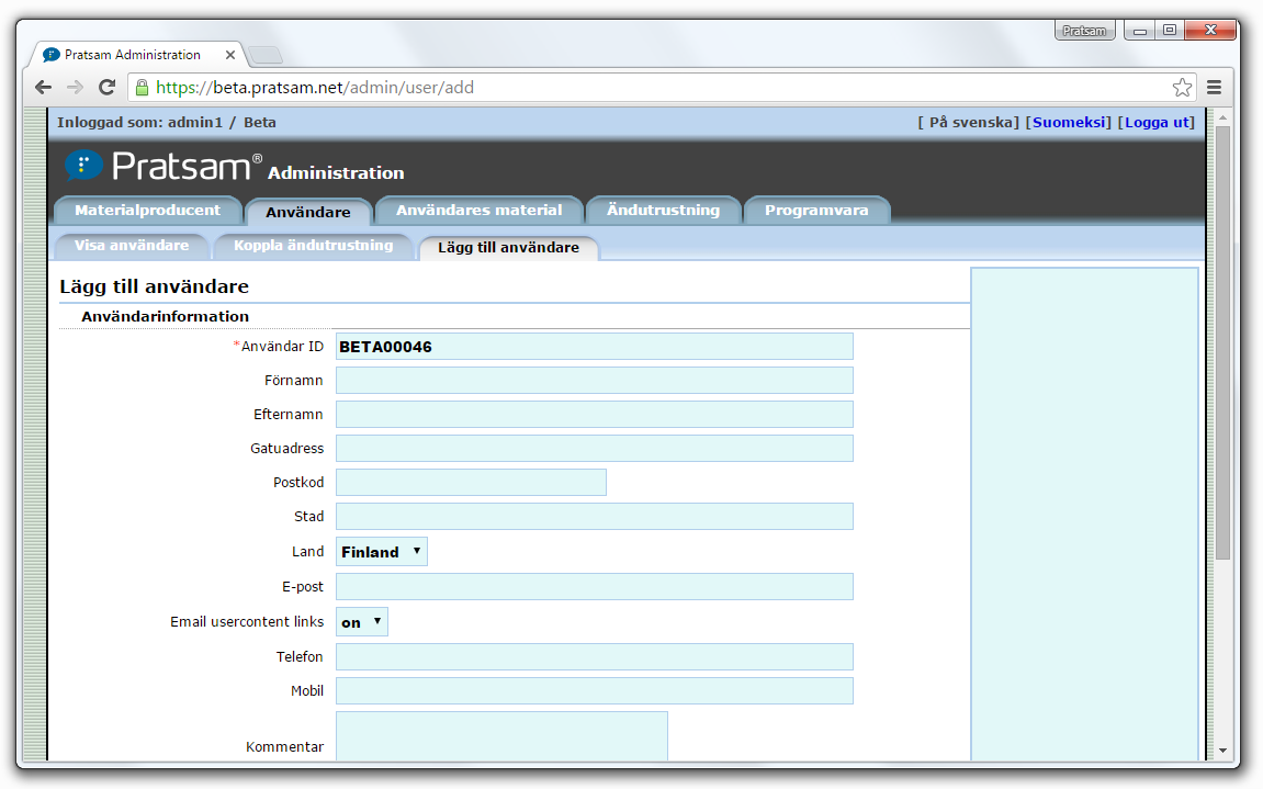 Pratsam Server admin - Hantering av användare