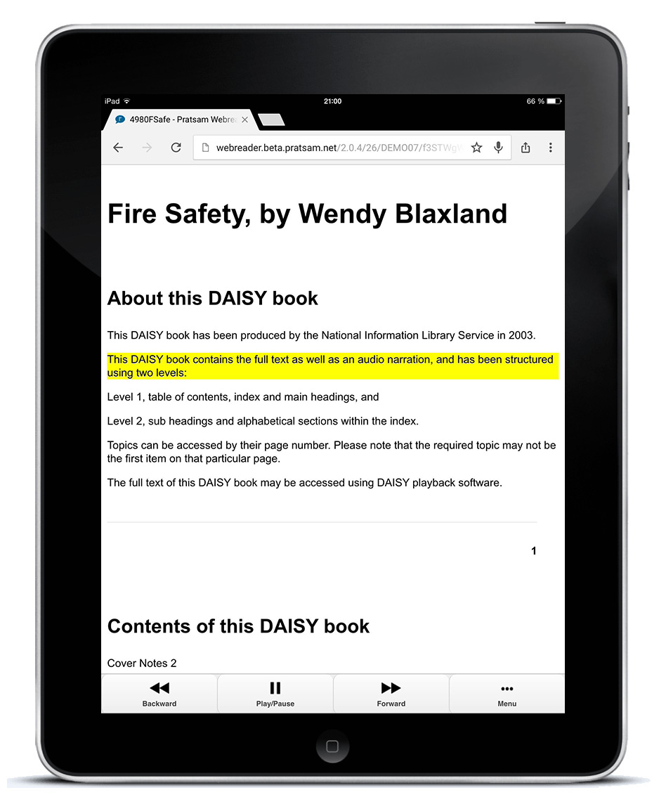 Pratsam Reader Web - Playback of a DAISY book on an iPad