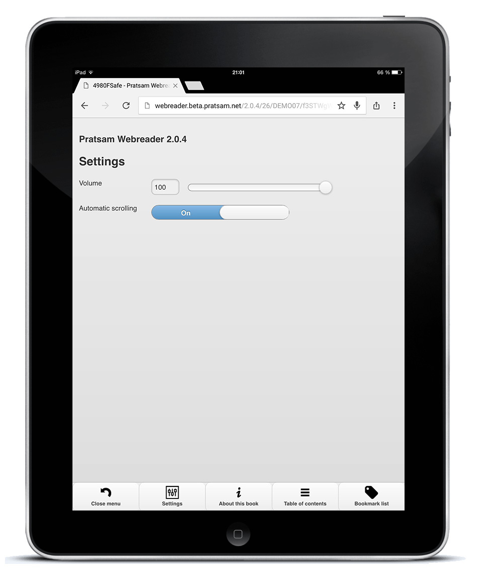 Pratsam Reader Web - Settings menu in the web app on an iPad