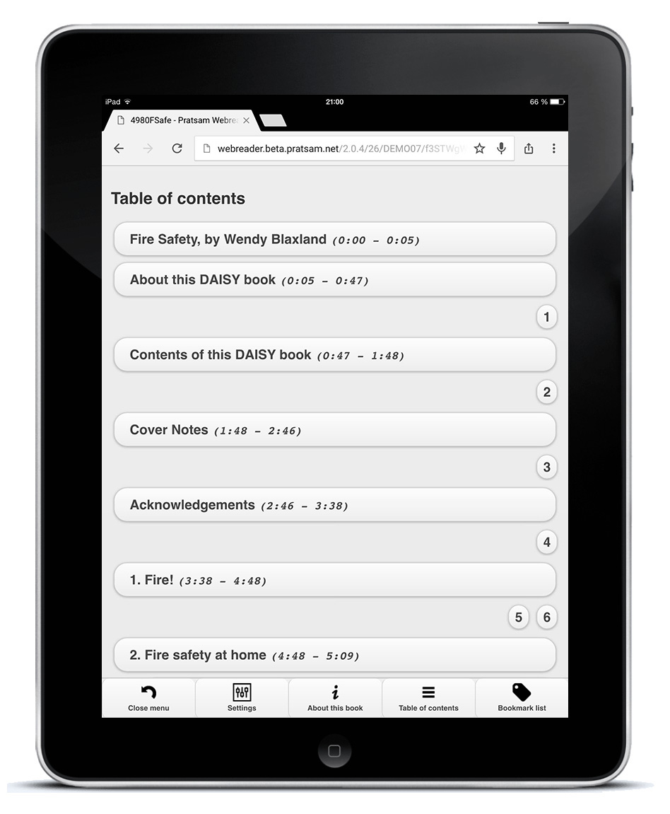 Pratsam Reader Web - Table of contents menu in a DAISY book on an iPad
