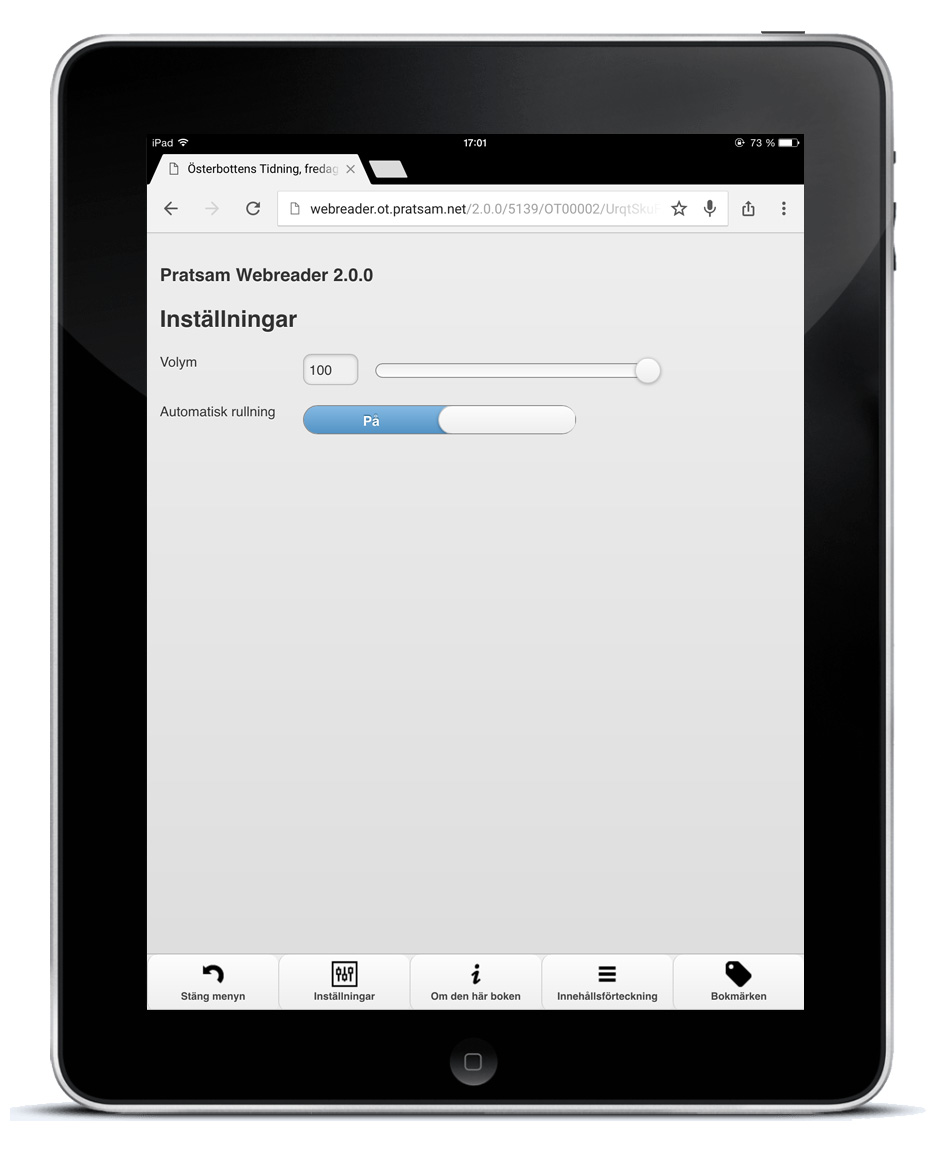 Pratsam Reader Web inställningar på iPad